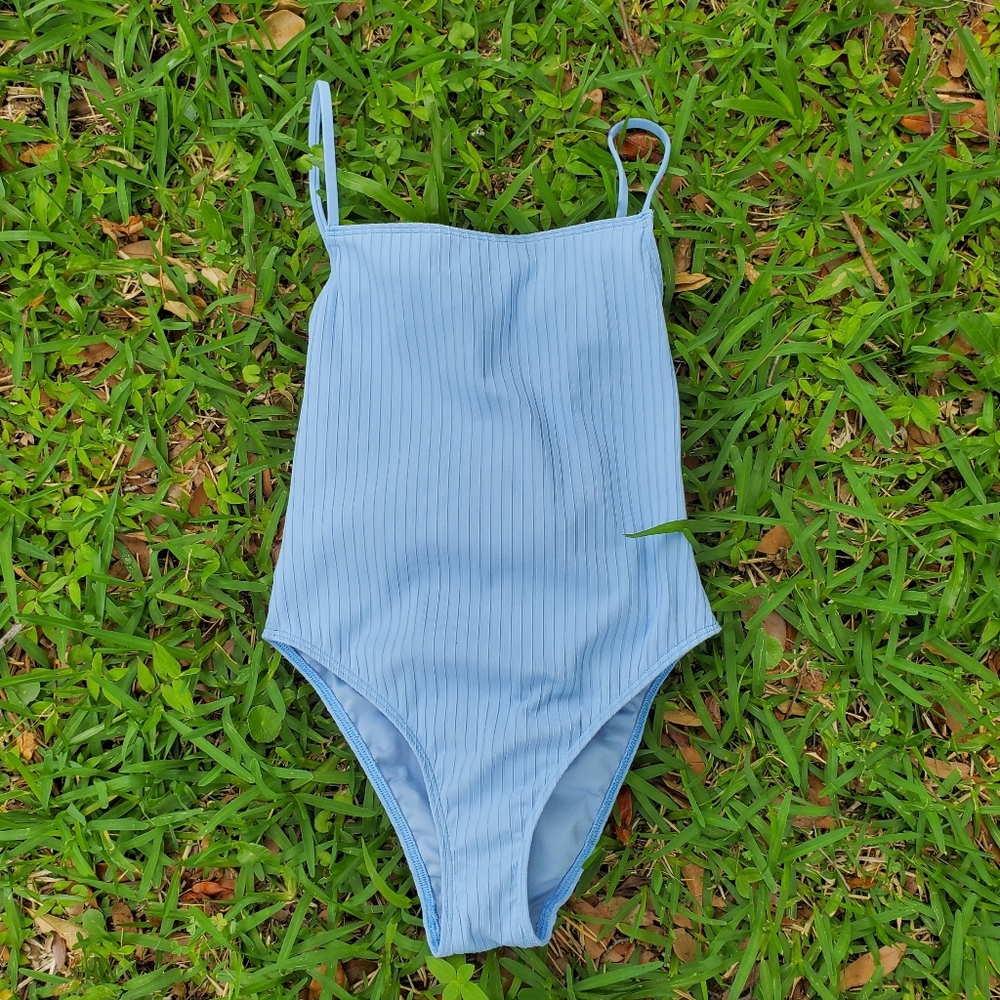 Ribbed pale blue swimsuit retro one-piece